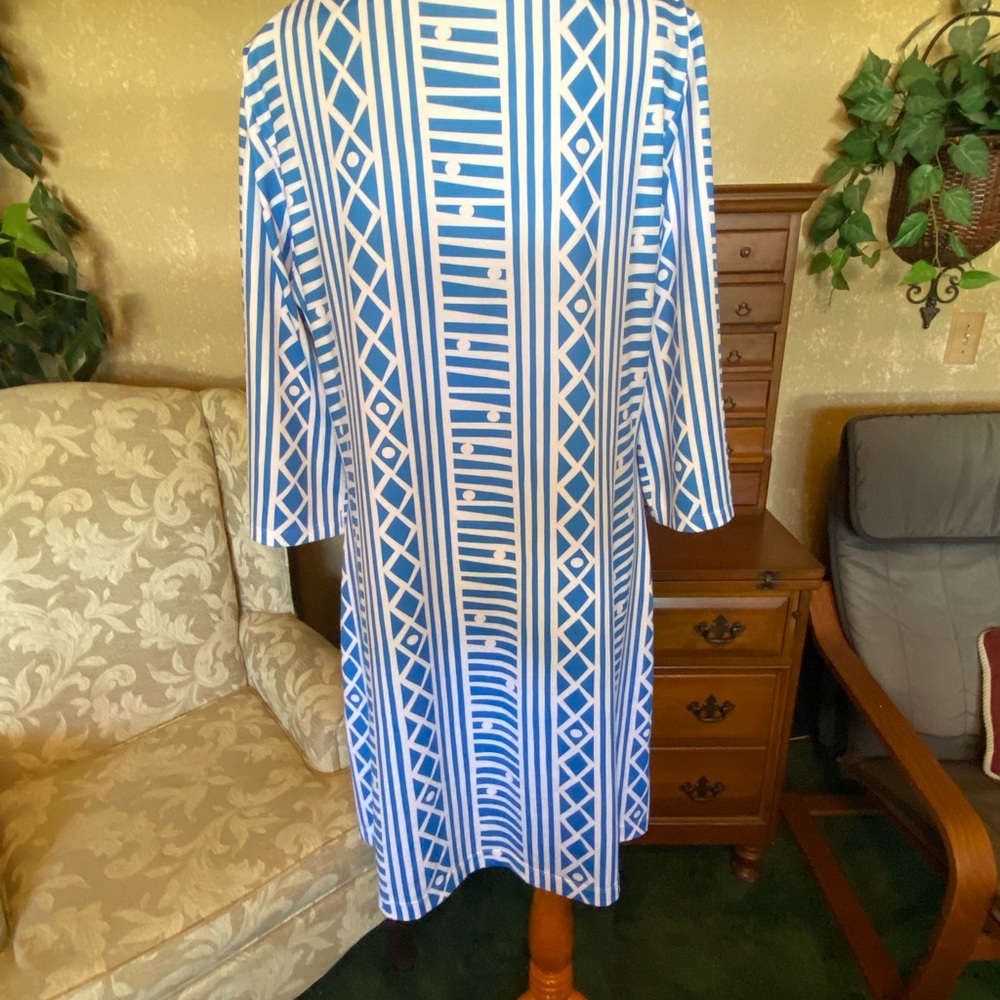 Blue & White Geometric Pattern Pullover Dress (Co… - image 4